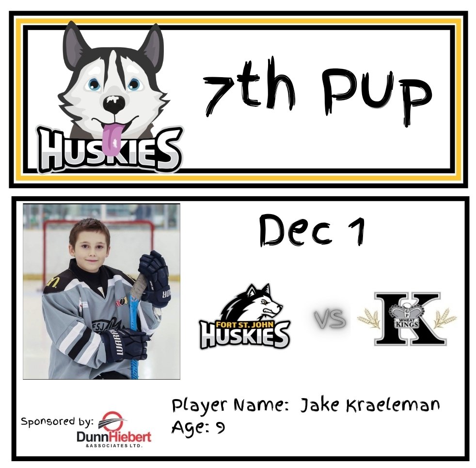 FSJHuskies's tweet photo. Huskies 7th Pup is 9 yr old Jake Kraelemen. Jake will be part of our pregame routine, will skate with the flag, and on ice during the national anthem.
Thanks to our 7th pup sponsor, Dunn Hiebert and Associates.
#gopupsgo #gohuskiesgo
#7thpup #NWJHL https://t.co/EtqyBNsQ0a