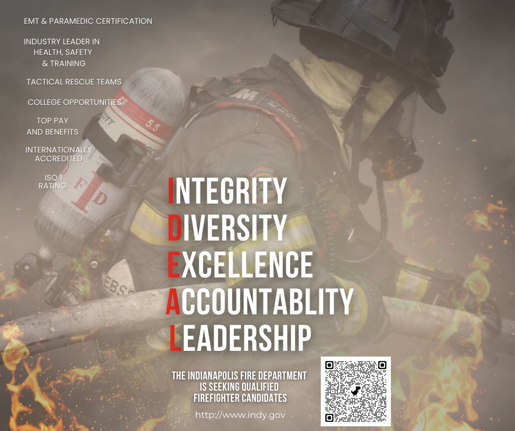 The Indianapolis Fire Department application process is now open.  

Are you interested in serving our community as one of Indy's Bravest?  

Apply today.  Use this link or the QR code. 

governmentjobs.com/careers/indian…

More #IFD info here: indy.gov/activity/becom…