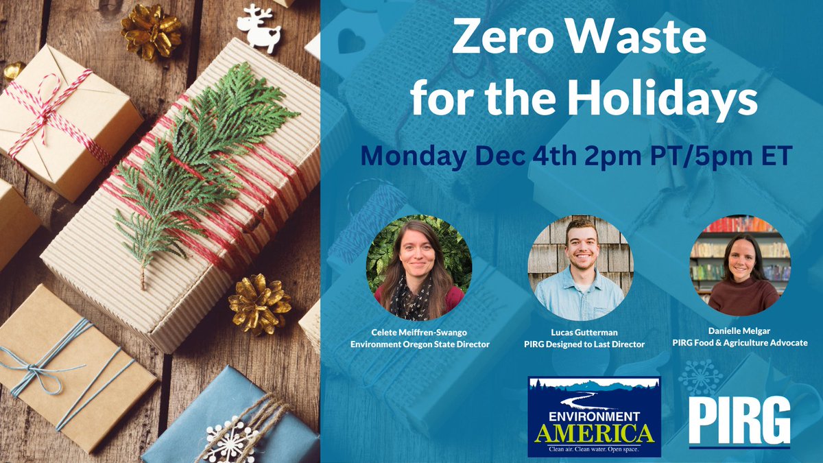 We throw away at least 25% more trash during the holidays, but we can reduce our waste with some easy tips. Join @uspirg and @EnvAm to learn how to reduce waste with your holiday meals, gift giving and packaging pirg.org/events/zero-wa…