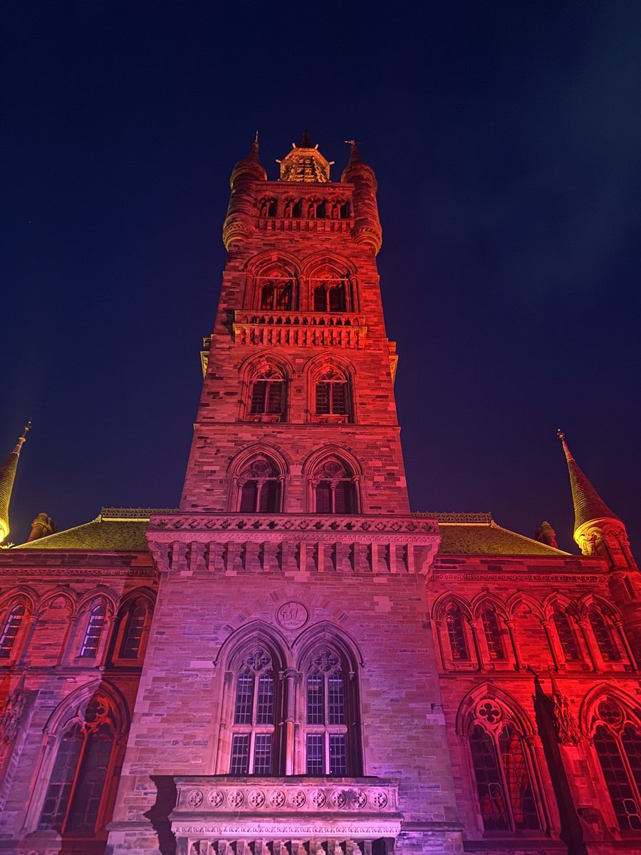 Tonight, the South facade of our iconic Gilbert Scott @UofGlasgow is illuminated in red to mark ‘World AIDS Day’ A day where we remember those many lives lost to HIV/AIDS and those colleagues who work to eradicate this virus through research.