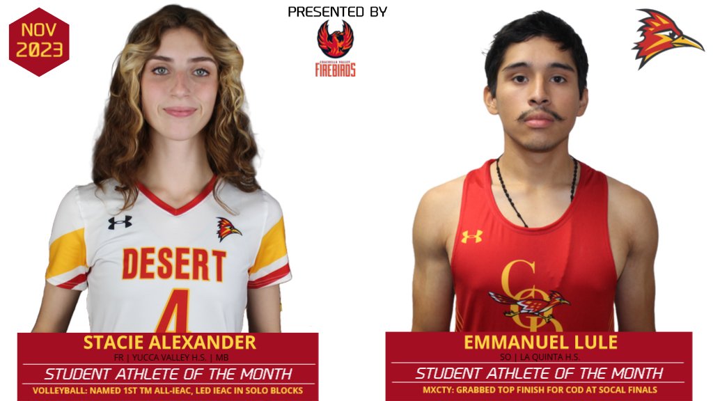 COD_Athletics's tweet photo. Congratulations! As Stacie Alexander (Women's Volleyball) and Emmanuel Lule (Men's Cross Country) earn @CollegeOfDesert November Student Athletes of the Month! https://t.co/fNeLcNJN8l https://t.co/J5L24eOXex