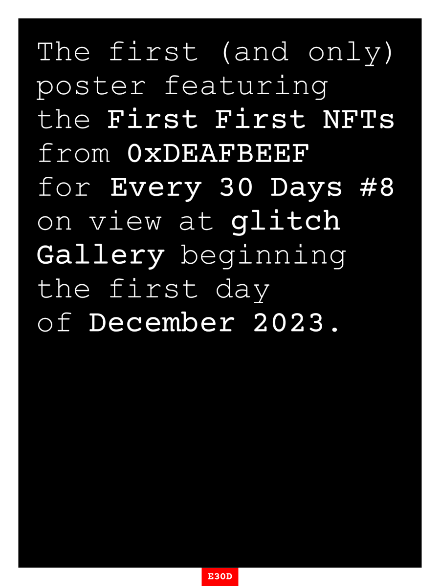 16/ As always, a special thanks to the <a href="/glitchmarfa/">glitch</a> team (<a href="/magey_mage/">Madison🌄</a>, <a href="/derekedws/">Derek Edws</a>, <a href="/maltefr_eth/">maltefr</a>) poster design (<a href="/atleykins/">Atley Kasky</a>), + our official partners <a href="/TransientLabs/">Transient Labs</a>, <a href="/brtmoments/">Bright Moments</a>, <a href="/Danvas_Art/">Danvas</a>, <a href="/HypeshotHQ/">Hypeshot</a>.

This is every thirty days.

[E30D No. 8]