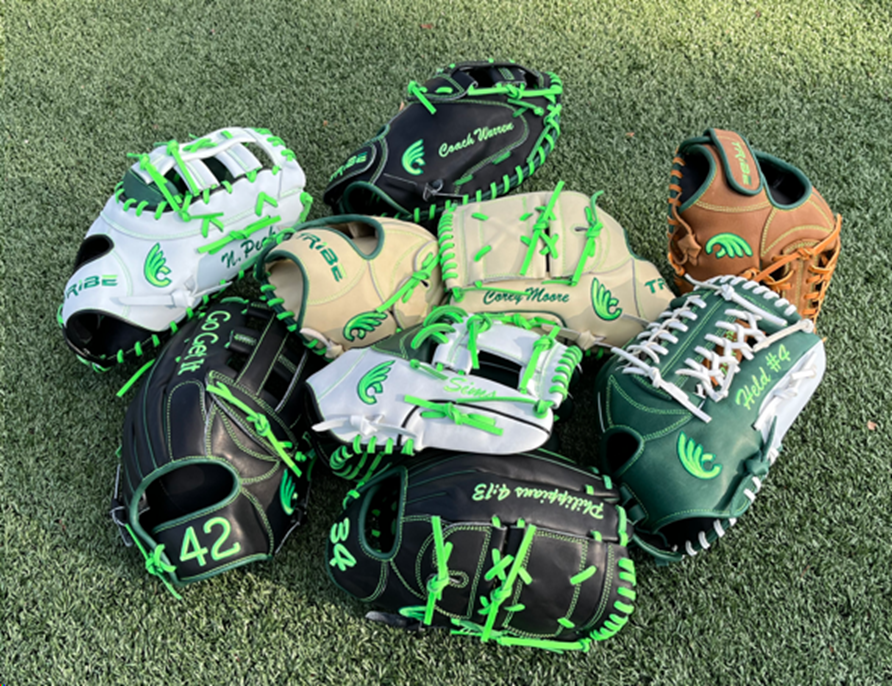 TribeGloveCo's tweet photo. The first batch of Quaker gloves are in and look ELECTRIC ⚡️. Thanks to @DubC_CoachMeg and @DubC_Softball for this latest wave of 🔥 designs. @kenzieoneil_23, @held_rylee #WeAreDubC https://t.co/gj8tADGnFt