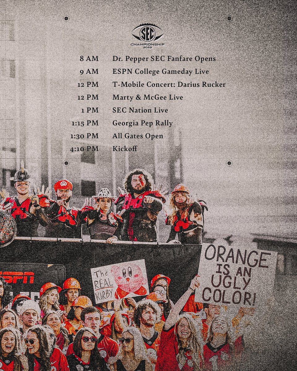 Gameday Timeline

Tomorrow's activities start at 8 AM.   

#GoDawgs | #SECChampionship