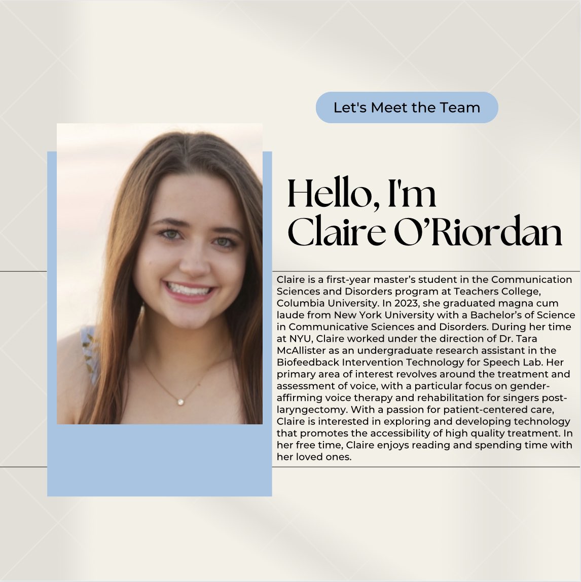 Meet Claire! She is an RA at the CTLD with a passionate for patient-centered care. Learn more about Claire in her bio!#researcher #SLPgrad #speechpathology #CTLDlab #teacherscollege #columbiauniversity