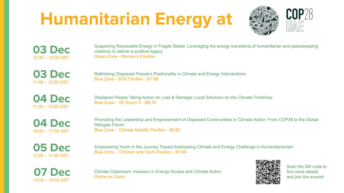 As @COP28_UAE begins, @EnergyGPA is advocating to improve sustainable energy access for displaced people at this event. Are you joining the COP28 in-person or online? Join the discussions of #HumanitarianEnergy #ClimateAction humanitarianenergy.org/news/latest/co… @TEAEnergyAccess #COP28