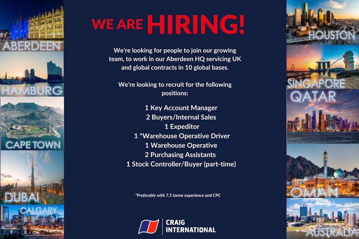 Craig_Int's tweet image. We’re hiring in Aberdeen! Come and join a family-run firm, recently nominated for two business of the year awards, with a friendly but fast-paced environment where no two days are the same.

Email your CV to – careers@craig-group.com

#hiring #procurement #Aberdeen