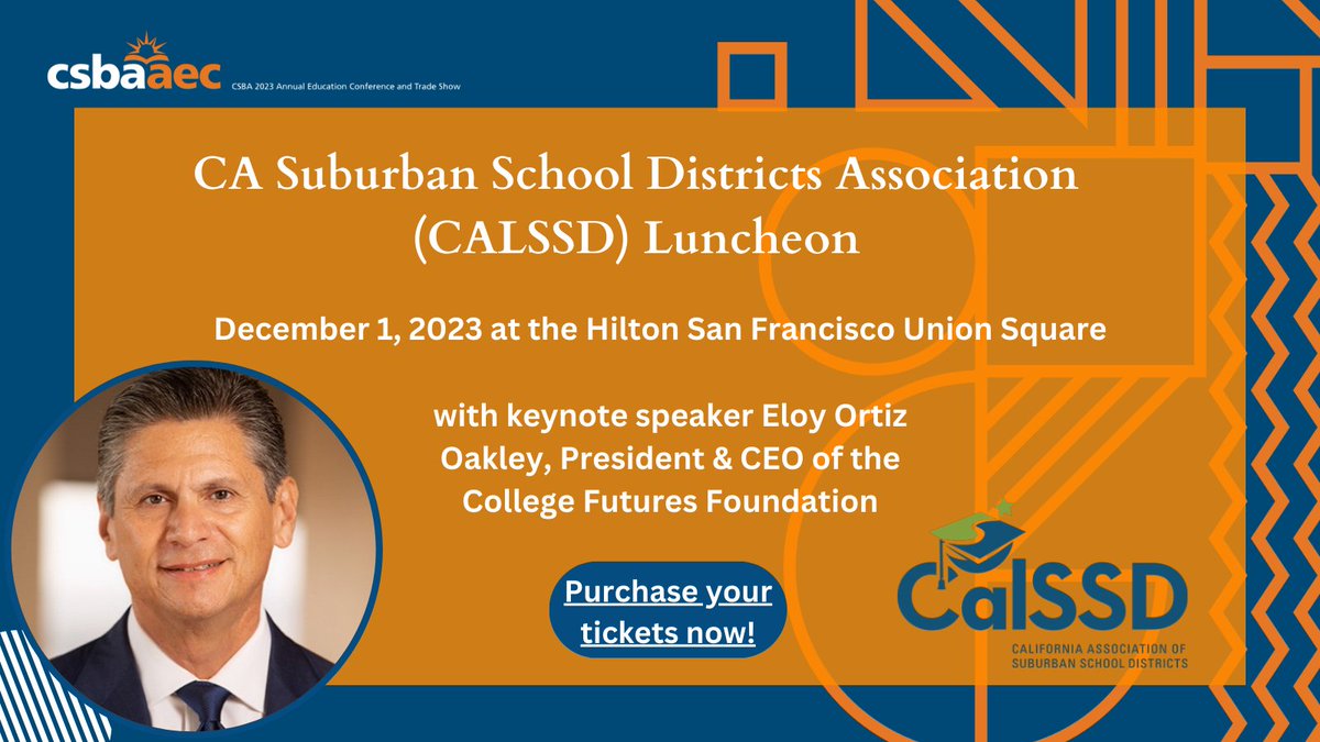 Thrilled to announce <a href="/CollegeFutures/">College Futures Foundation</a> President and CEO <a href="/EloyOakley/">Eloy Ortiz Oakley</a> as the keynote speaker for our luncheon at <a href="/CSBA_Now/">CSBA</a> #AEC today <a href="/12/">$</a>:15 pm. Be part of the conversation and reserve your tickets in advance here.