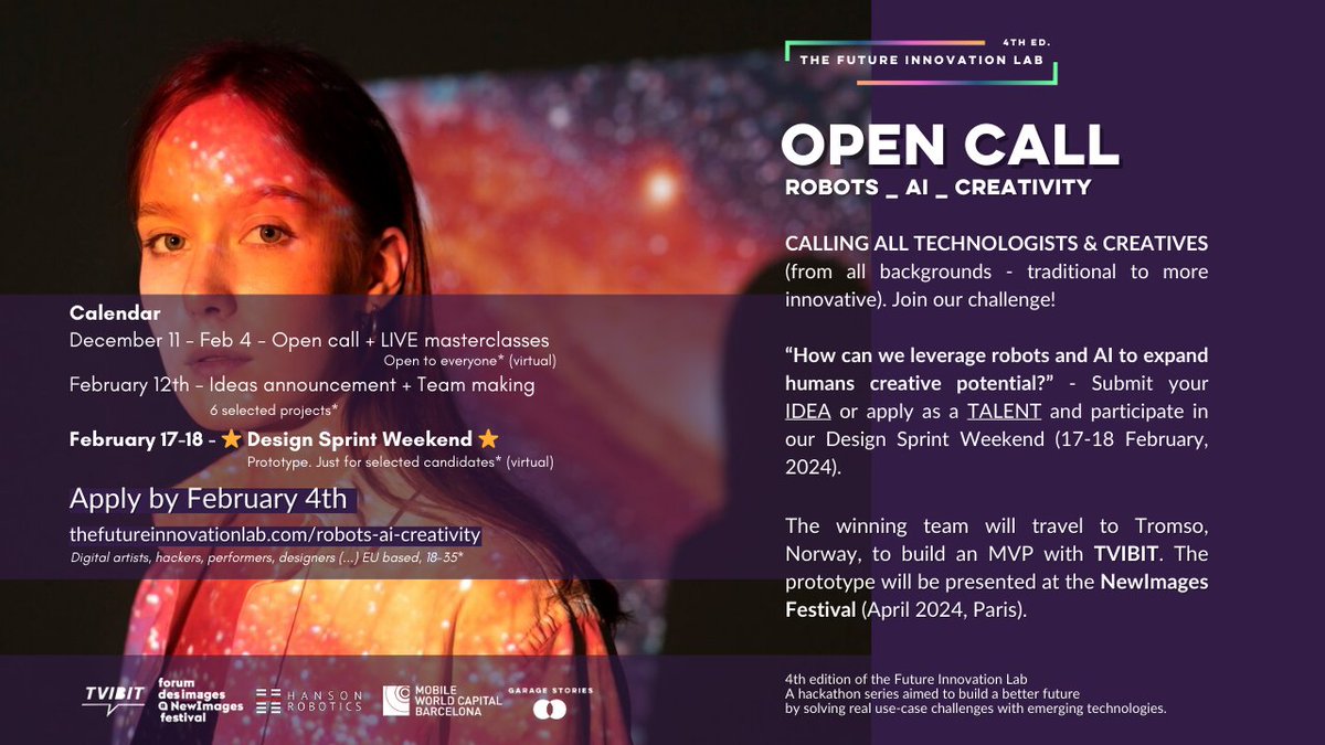 🚀🤖 [#FutureInnovationLab IV Challenge] 🌐

🔥 Les appels à projets <a href="/garage__stories/">Garage Stories</a> sont ouverts, Venez réinventer l'éducation avec des robots, cyborgs et l'IA !✨ 

Rendez-vous au NewImages Festival en 2024 pour les gagnant·s ! 🌟

🔗 Plus d'infos : bit.ly/4a4JpDE