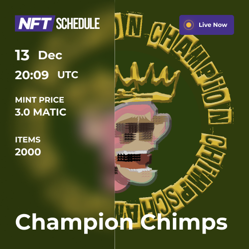 ☄️Live Mint Now! Champion Chimps

🐦Twitter: <a href="/CiCKartworks/">CiCK</a>

🔗More info: nftschedule.online/event/champion…

#NFT #NFTs #NFTCommunity #nftcollector #nftarti̇st #nftlover #NFTGiveaway #NFTCommmunity #nftarti̇st #nftarti̇sts #NFTdrops #nftdrop #Polygon #Matic