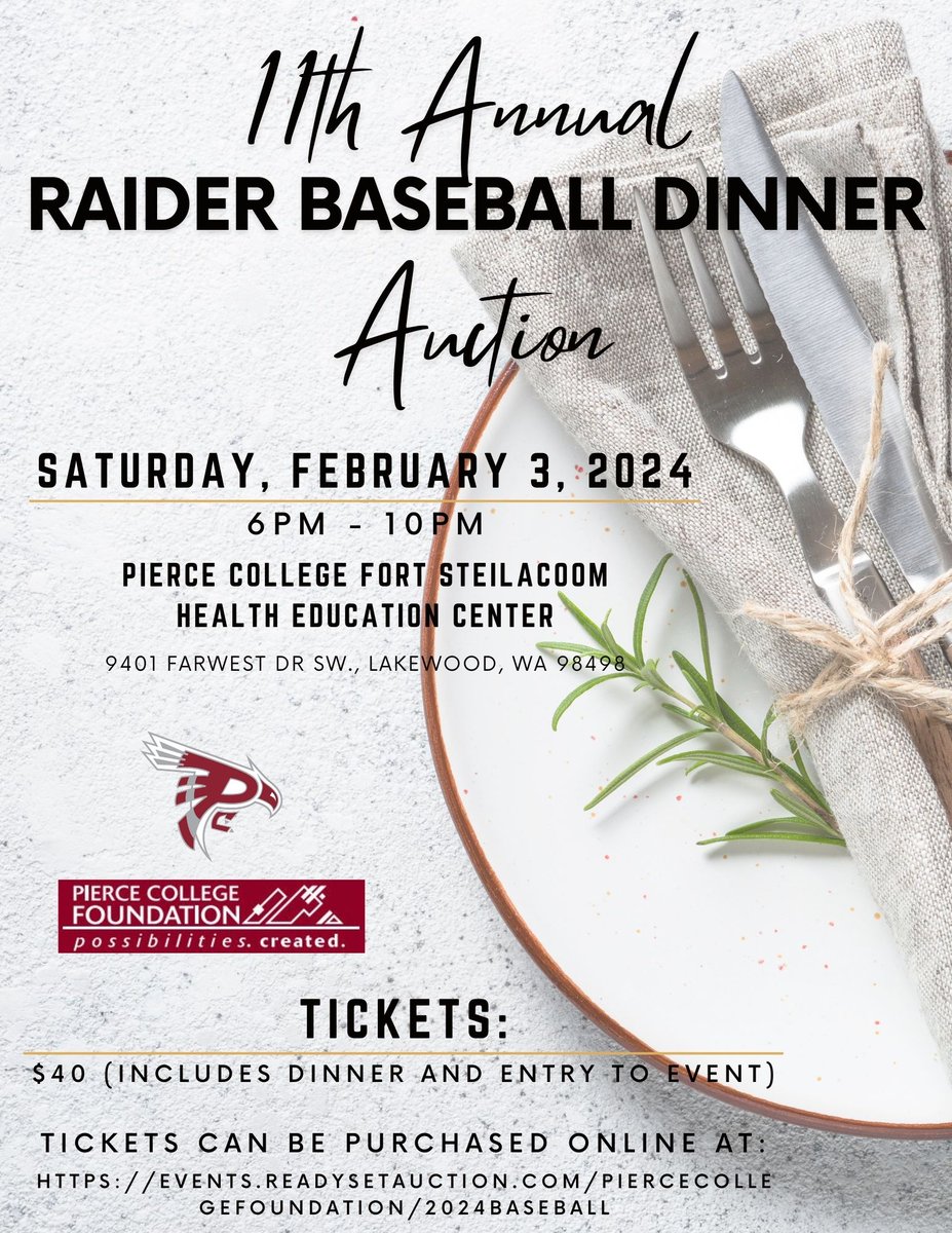 11th Annual Raider Baseball Dinner Auction Tickets on sale now!!! events.readysetauction.com/piercecollegef…