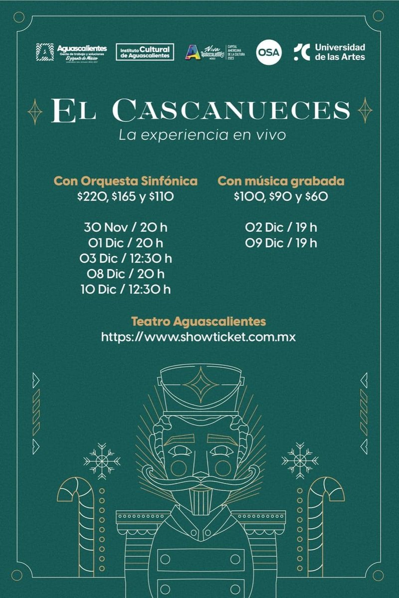 Vive la magia de "El Cascanueces" con la participación de la Escuela de Danza Georges Berard de la Universidad de las Artes y la Orquesta Sinfónica de Aguascalientes.
📷Los boletos a la venta a través de showticket.com.mx y en taquillas del Teatro Aguascalientes.
