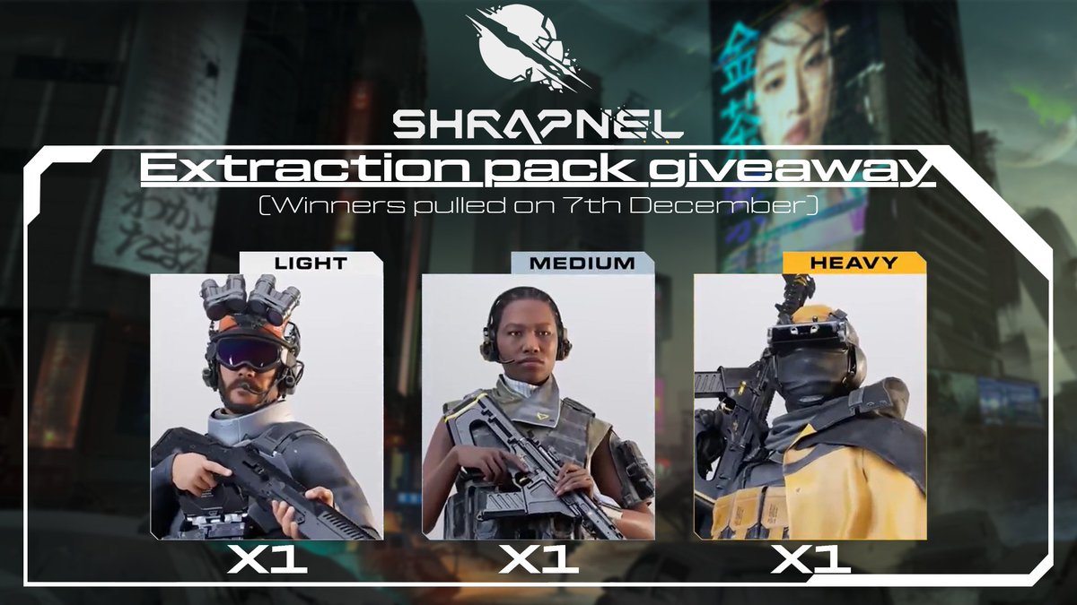 🚨 Its GIVEAWAY time! 🚨

The awesome team at <a href="/playSHRAPNEL/">SHRAPNEL</a> have given me a bunch of extraction packs to giveaway.
So here is the first one.

1) Like this post
2) Repost this post

Be ready for the playtests starting this month.
#Giveaway #SHRAPNEL