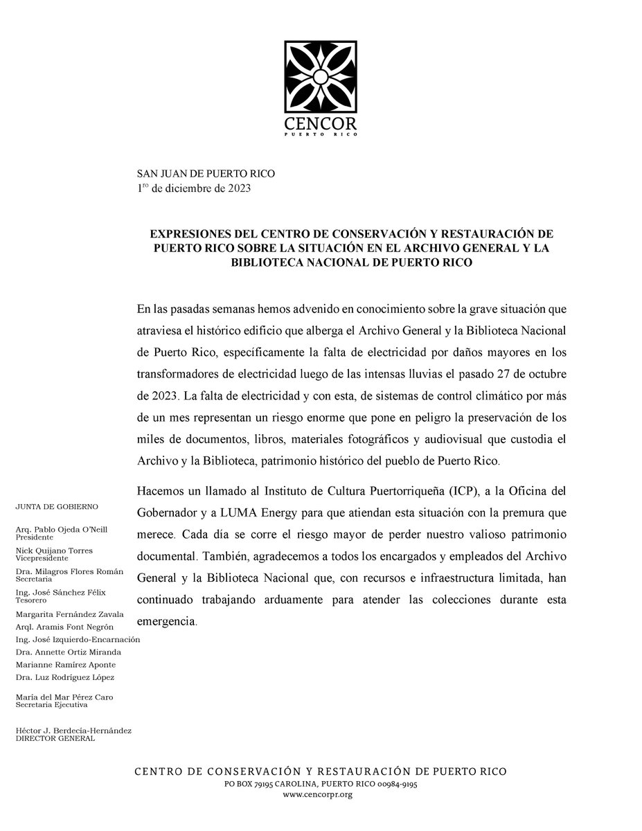 Expresiones del Centro de Conservación y Restauración de Puerto Rico en relación a la situación en el Archivo General y Biblioteca Nacional de Puerto Rico