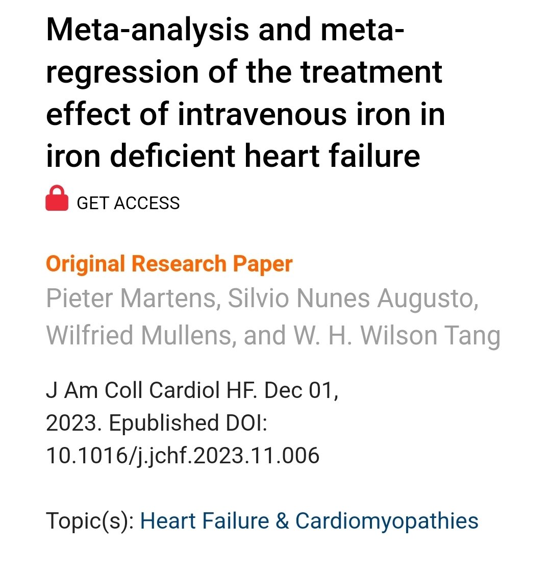 DOI: 10.1016/j.jchf.2023.11.006 Meta analysis of IV iron in HF: RCT's vs placebo by @PieterMartensMD et al: Bottom line: ✅️ 1st & total heart failure admission ✅️ CV death+HF admission Significant heterogeneity -> metaregression: possible relation w/baseline transferrin sat%