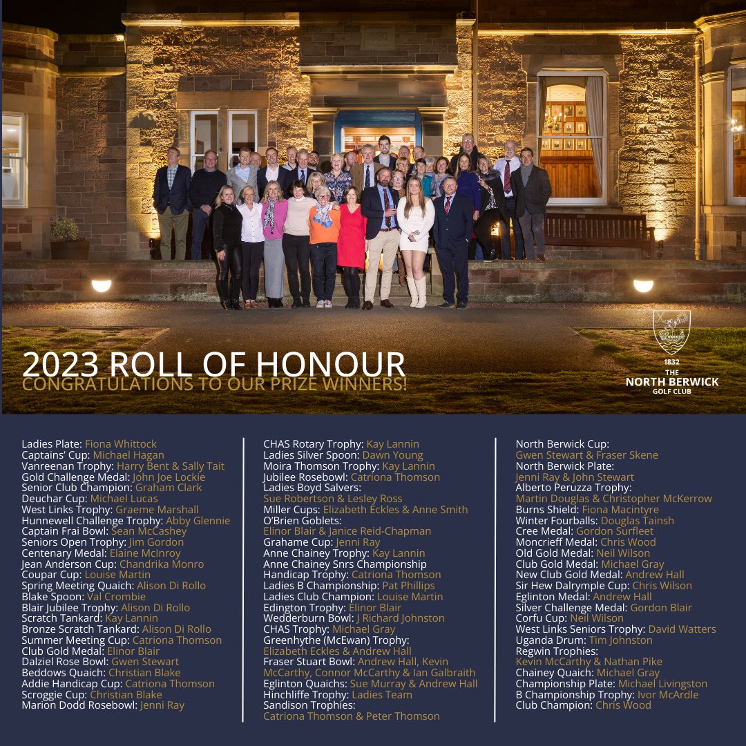 NorthBerwick_GC's tweet image. Our 2023 Roll of Honour! 

🙌🏼 Congratulations to our prize winners, who celebrated their achievements this time last Friday …

(and braved the cold for our group photo in front of the clubhouse!)
