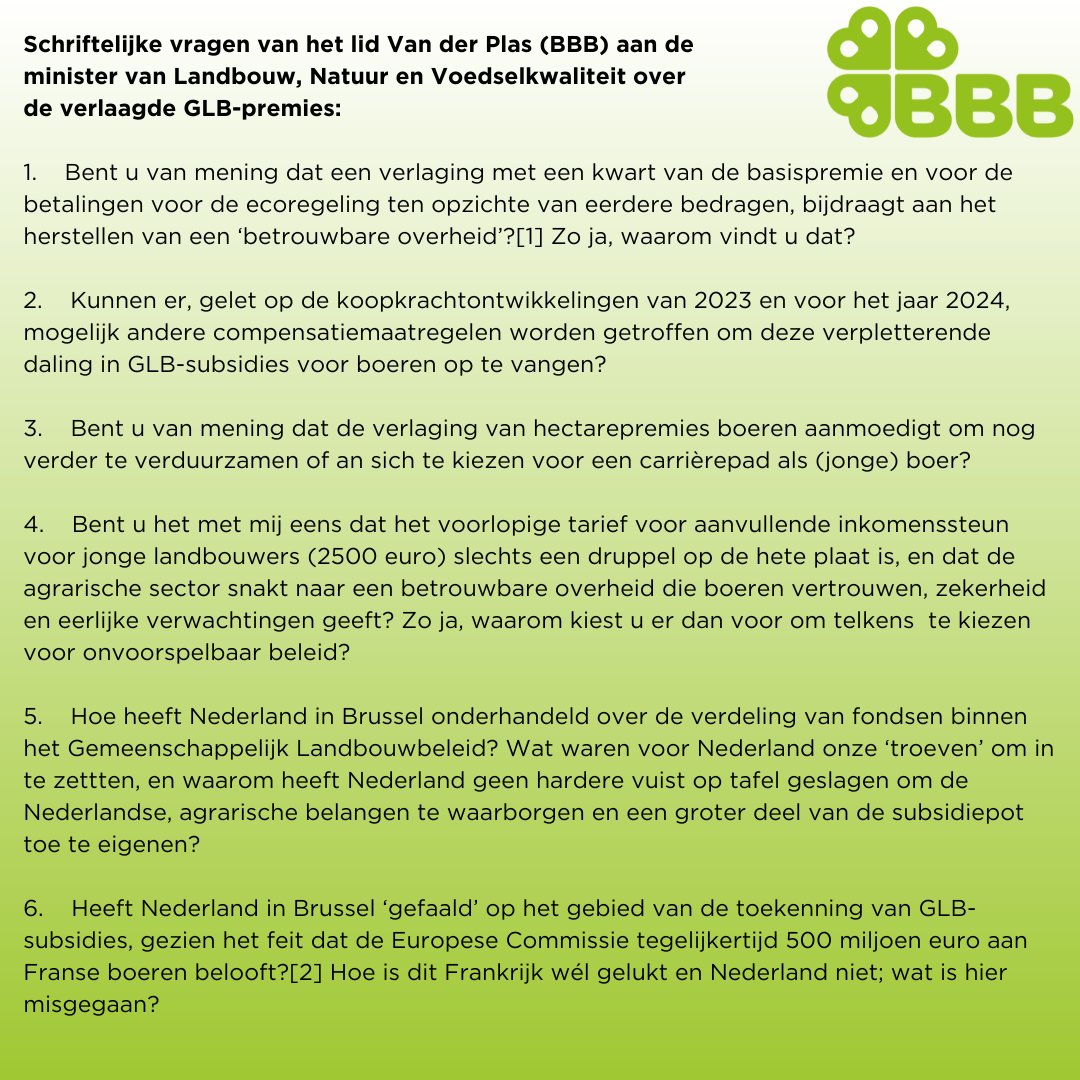 Nederlandse boeren krijgen een kwart (!) minder GLB-subsidie dan @MinisterLNV Adema had voorgeschetst. Ondertussen krijgen Franse boeren er 500 miljoen euro subsidie bij. BBB wil opheldering, betere compensatie en een BBBetrouwbare overheid. Kamervragen van <a href="/lientje1967/">Caroline van der Plas</a> 👇🏻