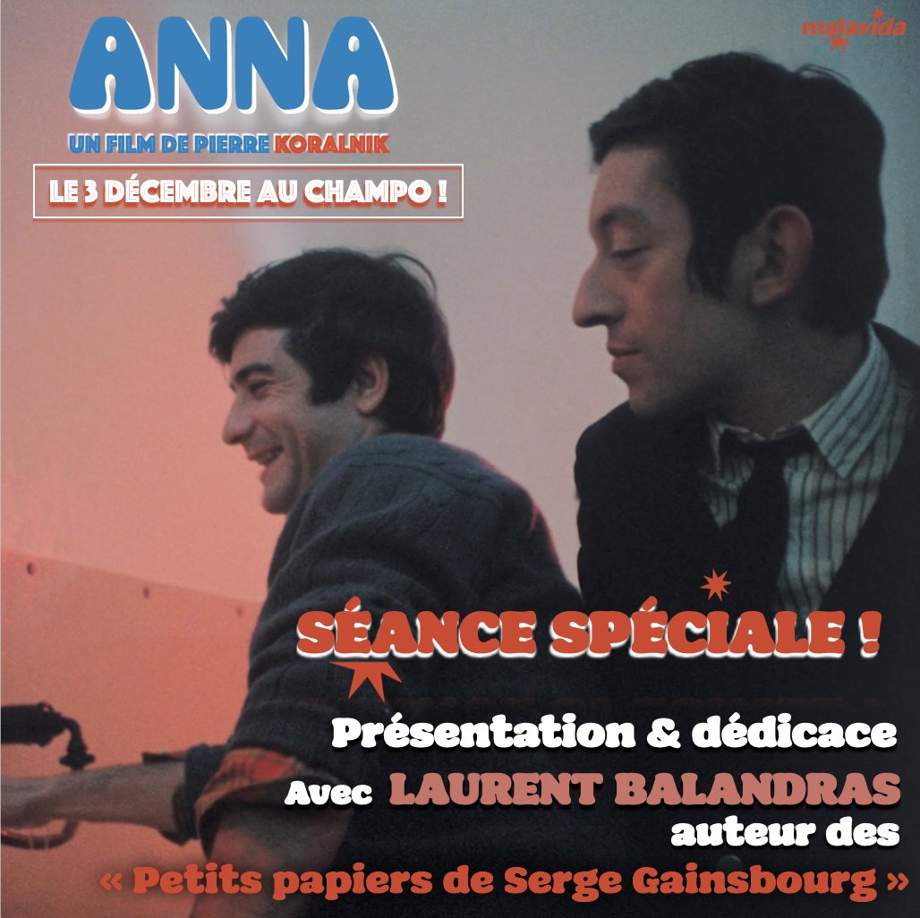 Malavida_Films's tweet photo. FOREVER ANNA ❤️🔥
RDV DIMANCHE (03/12), à 16H au CHAMPO !
💥 NE MANQUEZ PAS la rencontre dédicace avec LAURENT BALANDRAS, auteur des "Petits papiers de Serge Gainsbourg" (éd. Textuel), autour du film #ANNA de Pierre Koralnik... 🎬
#ANNA #AnnaKarina #gainsbourg #Brialy #Sixties https://t.co/SaKefwXClL
