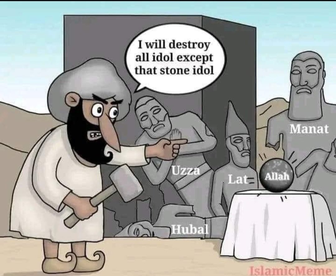 Kimdir bu Allah? Muhammed'in babasının adı nasıl "Abdullah=Allah'ın kulu" olmuştur? Allah, İslam öncesi Arapların şef Tanrısıydı. Muhammed'in sözcülüğünde puttan devşirip görünmezlik pelerini giydirip teklediler.

Müşriklerin Kabe'de ~360 tane putu vardı, bunlardan en güçlüsü ve