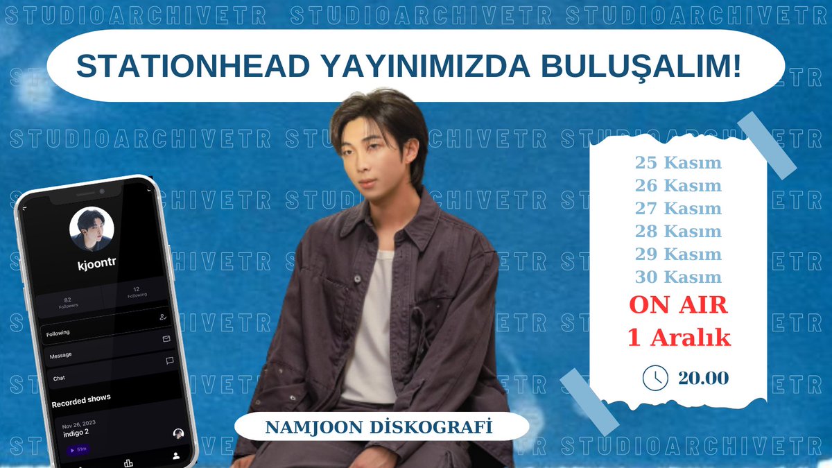 YAYINIMIZ BAŞLADI! 🕺💃 Birlikte Indigo ve Namjoon şarkılarını dinliyor olacağız 💙✨️ Hepinizi bekliyoruz! 🫶 stationhead.com/kjoontr