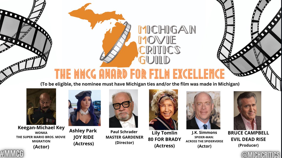 Here are the nominees for the #MMCG FILM EXCELLENCE AWARD

@KeeganMKey @ashleyparklady @Sony @SpiderVerse @ParamountPics @80forBrady @wbpictures @Lionsgate @JoyRideMovie @GroovyBruce @MasterGardener @WonkaMovie @EvilDead