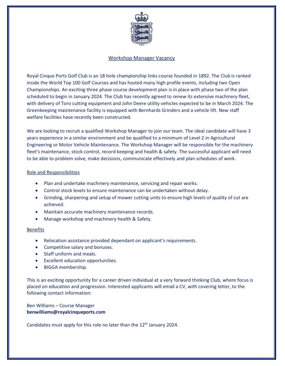 Ben Williams (@benwilliamsturf) on Twitter photo 🚨Job Alert🚨
A fantastic opportunity has arisen to join the team <a href="/RCPgolfclub/">Royal Cinque Ports Golf Club</a> as Workshop Manager. Please see the details below ⬇️ 🚨Job Alert🚨
A fantastic opportunity has arisen to join the team <a href="/RCPgolfclub/">Royal Cinque Ports Golf Club</a> as Workshop Manager. Please see the details below ⬇️