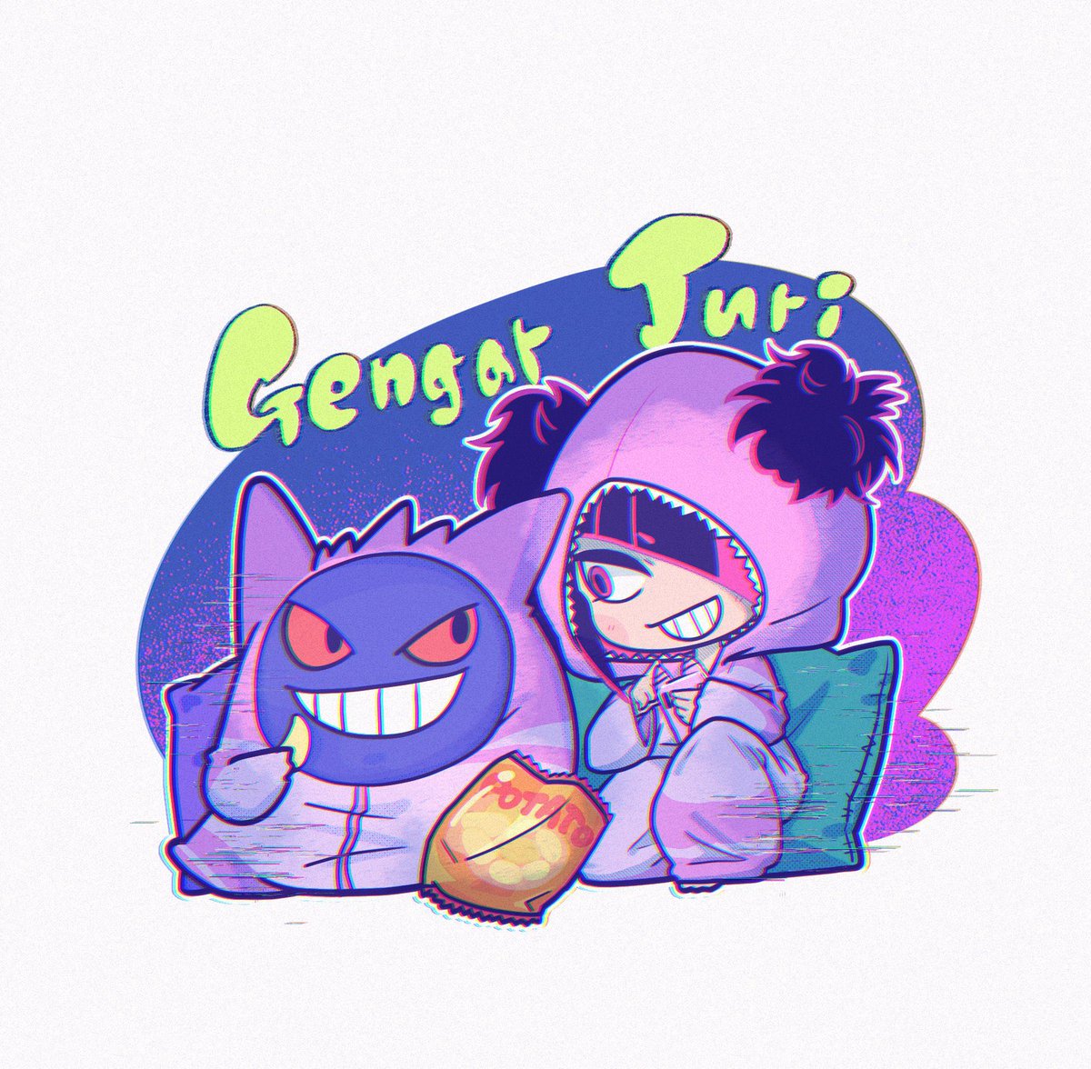 gengar smile 1girl teeth pokemon (creature) food chips (food) hood  illustration images