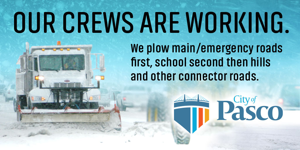 Good morning, Pasco! Our Snow Plow Crews are ensuring safe, navigable streets. Priority: main arterials &amp; emergency routes. Residential areas soon! 🏘️ Thanks for your patience for ~700 lane miles. 
🔍 Info: pasco-wa.gov/snow
Stay warm &amp; safe!