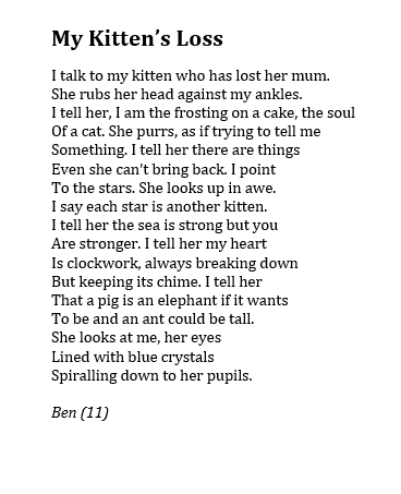KateClanchy1's tweet photo. It's dark and cold. Here is a poem about a small boy being kind to a kitten. Ben was 11. https://t.co/DCbVbbF97v