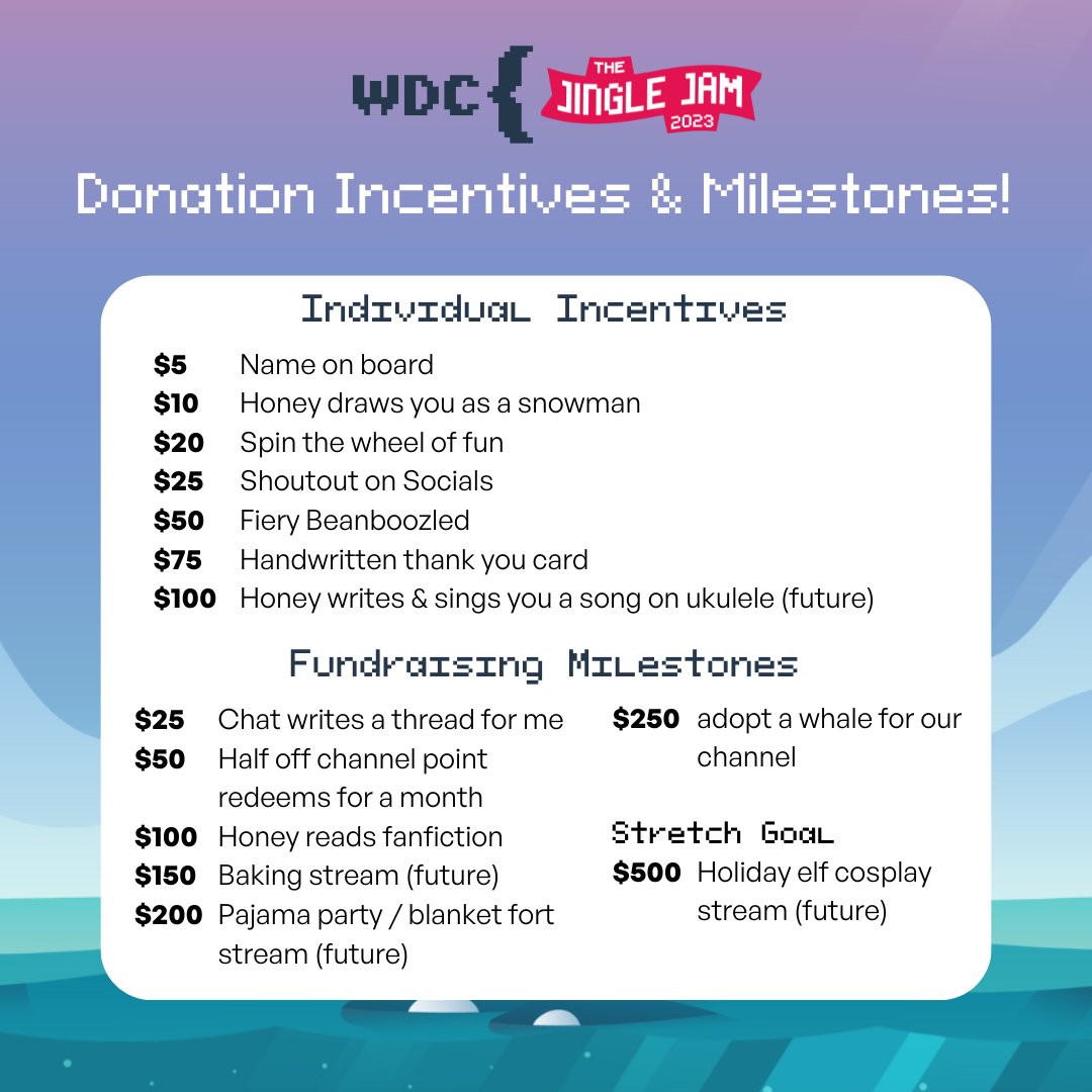 HAPPY JINGLE JAM GHOULIES!  

Jingle Jam is Live! 🥳

A little peek into my incentives and milestones ⬇️

Join me THIS Sunday December 3rd, 12-6pm CST to participate! Or feel free to donate here if you can't attend: donate.tiltify.com/04b643e3-ea39-…

#JingleJam2023 #CharityStream #Twitch