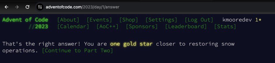 kmoore_dev's tweet photo. My first #AdventOfCode gold star 🤩 https://t.co/7r2J9BZ4ZQ