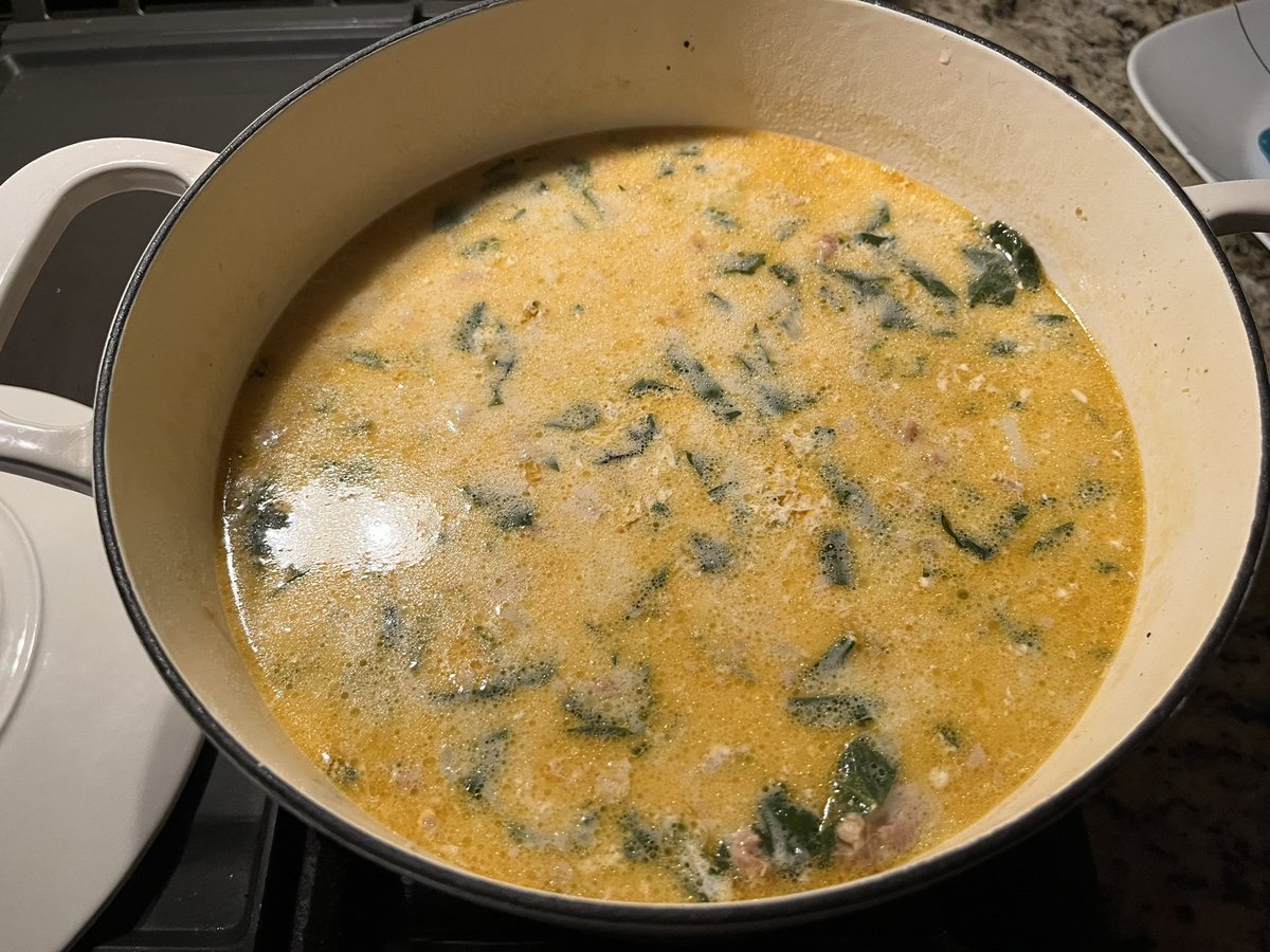 Dinner tonight. Potato soup with spinach and bacon