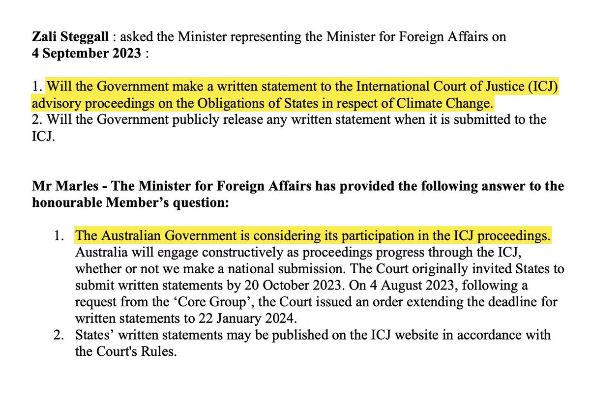 The Government supported Vanuatu’s initiative to get an International Court of Justice opinion on the legal responsibilities of carbon emitting countries. But it now appears very equivocal about putting its position to the Court. Looking dodgy! 1/2 #auspol #ClimateJustice