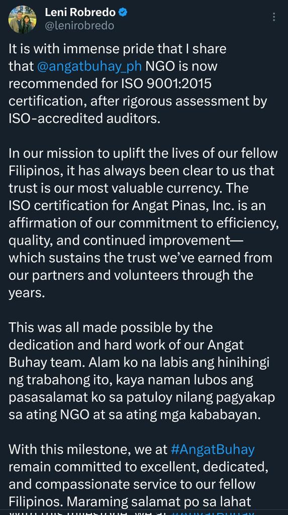 Grabe, nakakainis talaga 'tong si VP Leni. Bakit naman lahat ng ahensiyang hinahawakan niya eh nagiging ISO certified? 

Dahil ba she is credibly competent and always working towards transparency, efficiency, quality, and continued improvement?

Sana all.👏👏👏