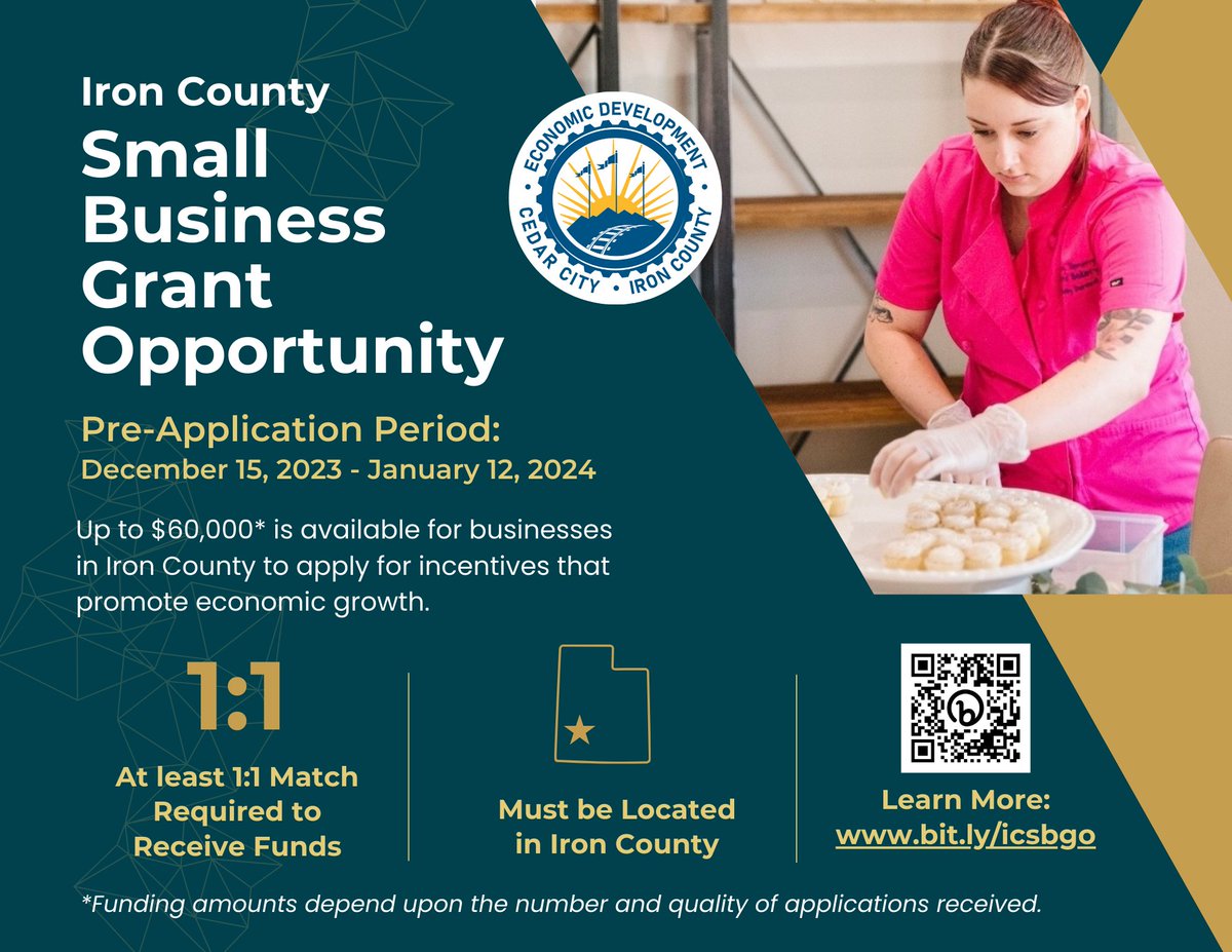 The Iron County Economic Opportunity Board will administer $60,000 in funding through the Small Business Grant Program. Pre-application period is open from 12/15/23 - 1/12/24. Business owners can explore the Application Instructional Packet online at bit.ly/icsbgo