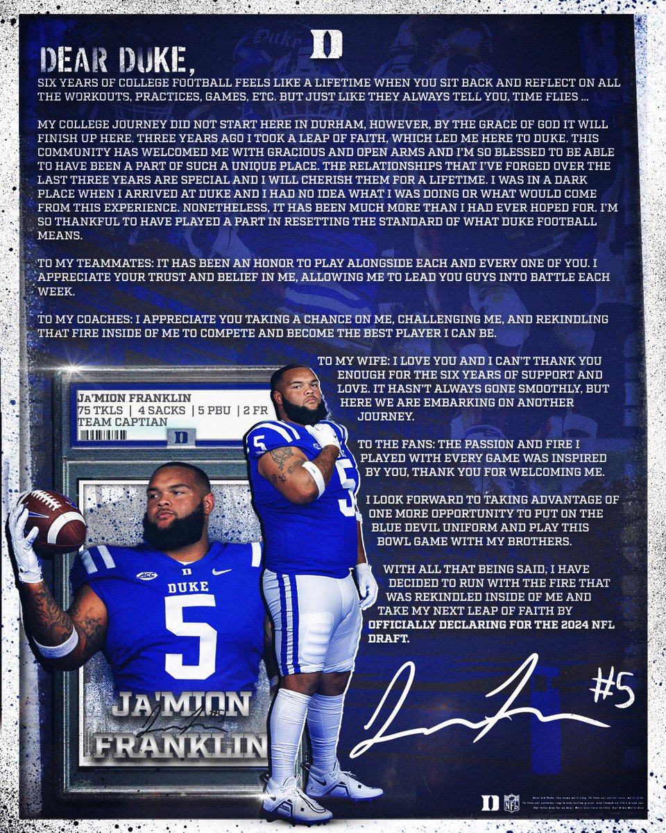 Jamion_Franklin's tweet photo. Thank you DUKE 💙 
Excited to have one more opportunity to represent this great university in the bowl game but.. 

This long journey continues I am officially declaring for 2024 NFL Draft https://t.co/0Qym54TLMi