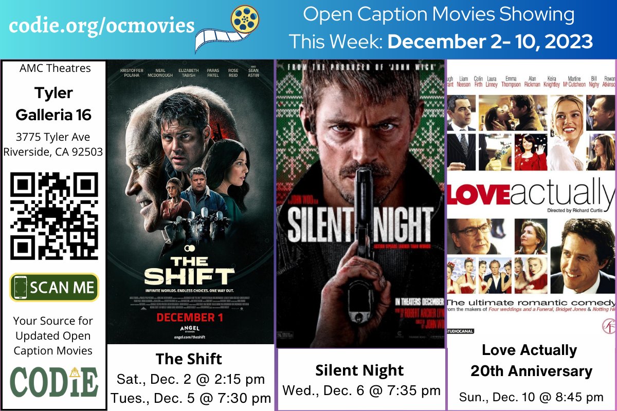 CODIEdeaf's tweet photo. Open Caption Movies at AMC Theatres at Tyler Galleria 16 have been updated for the week of December 2-10, 2023.
Go to https://t.co/iHhLVOM2kb for open-caption movie details.
#tylergalleria16
#opencaption #opencaptionmovies #AMCTheatres #codiedeaf #AMC https://t.co/TRT75kYUOp