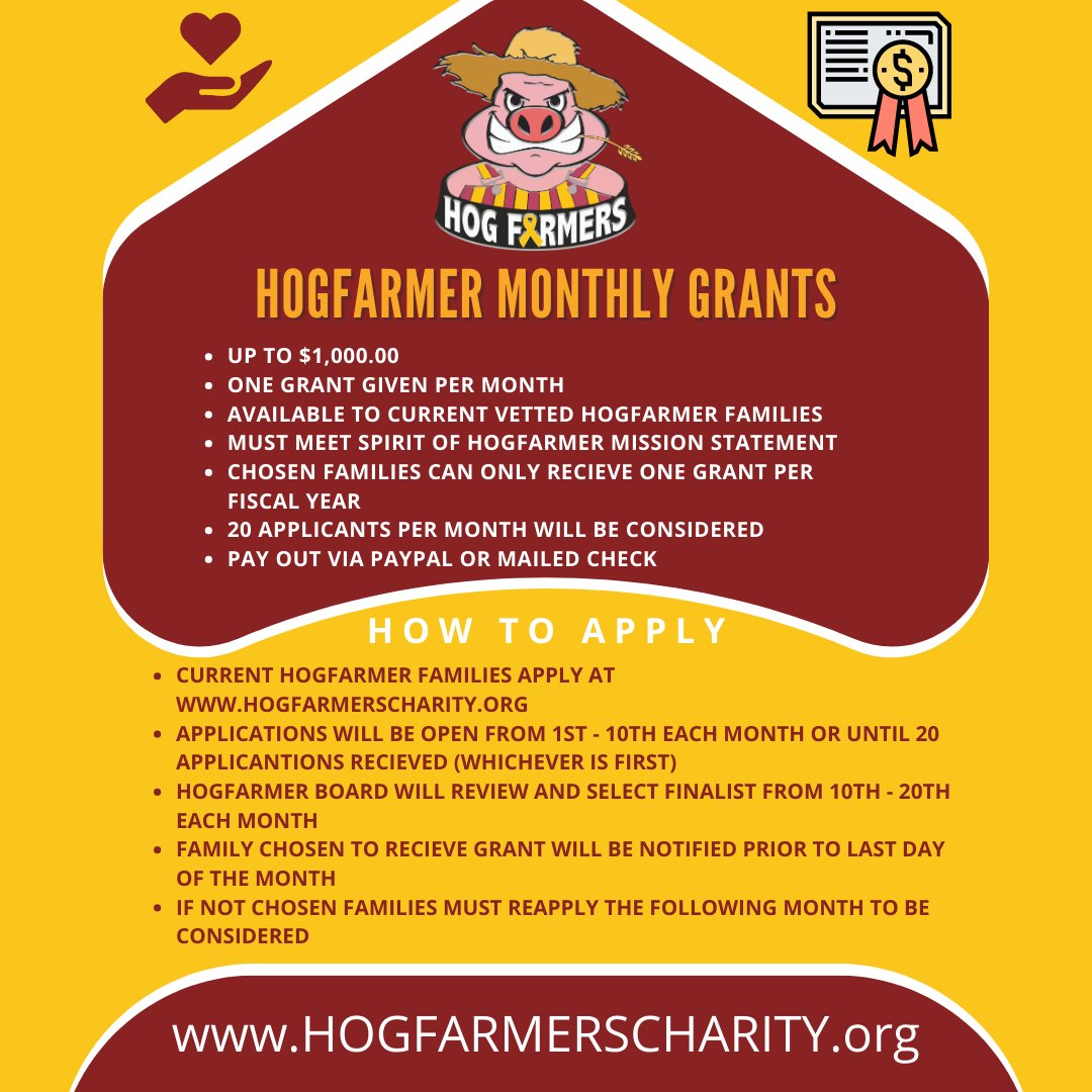Hogfarmers Charitable Foundation on X: Every month the Hogfarmers will  give away a grant up to $1000.00 to a current Hogfarmer family affected by  pediatric cancer! Rules and how to apply below.