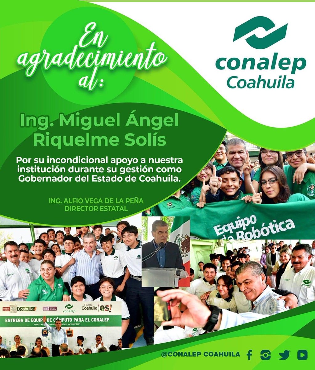 Gracias Ing. <a href="/mrikelme/">Miguel Riquelme</a> por su apoyo a la Educación en el Estado durante su sexenio, especialmente a nuestro Colegio, la comunidad de #CONALEP #Coahuila le desea éxito en sus proyectos venideros.
<a href="/alfiovegap/">Alfio Vega</a>