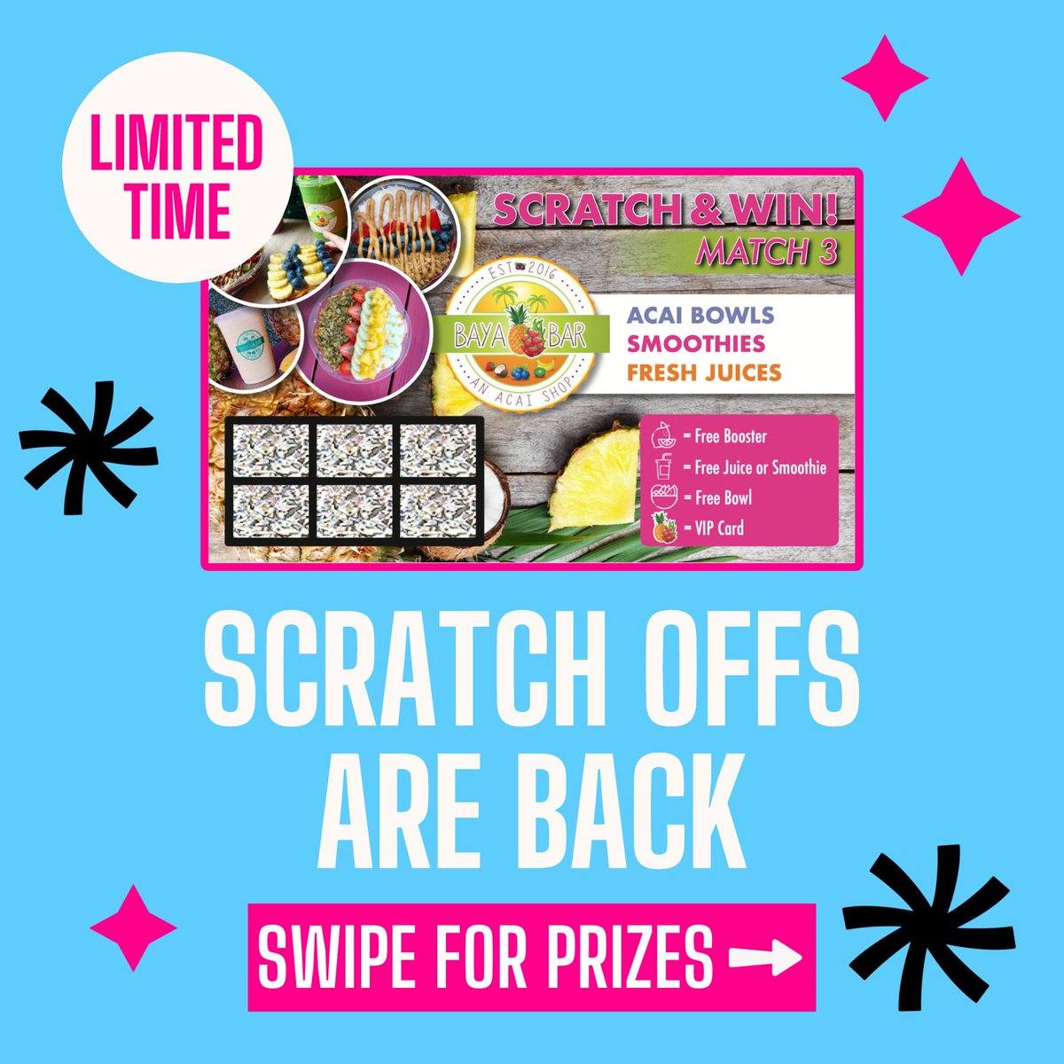 Baya_Bar's tweet photo. Receive a Scratch &amp; Win card with EVERY order all December! Scratch &amp; Win FREE Baya Bar items! ✨ 🎁 https://t.co/mSBU93w5Ey