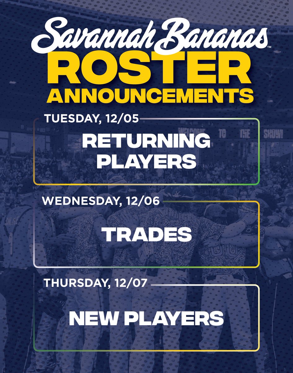 TheSavBananas's tweet image. Get ready Banana Nation. The 2024 Savannah Bananas Roster is being announced this week. Expect some big moves and big time talent.