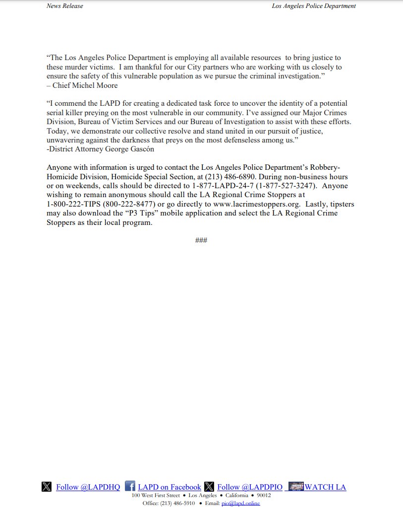 LAPDPIO's tweet photo. NR23770am/dm: Murders Involving Persons Experiencing Homelessness https://t.co/MjAlGIopvZ