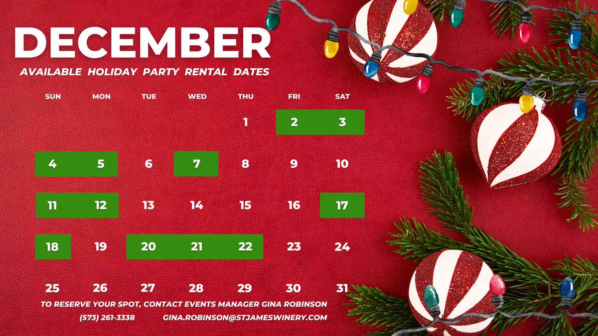 We have a handful of dates available for holiday parties and get-togethers in St. James! Contact Events Manager Gina Robinson for more details. 🎄🎁🎅🏻