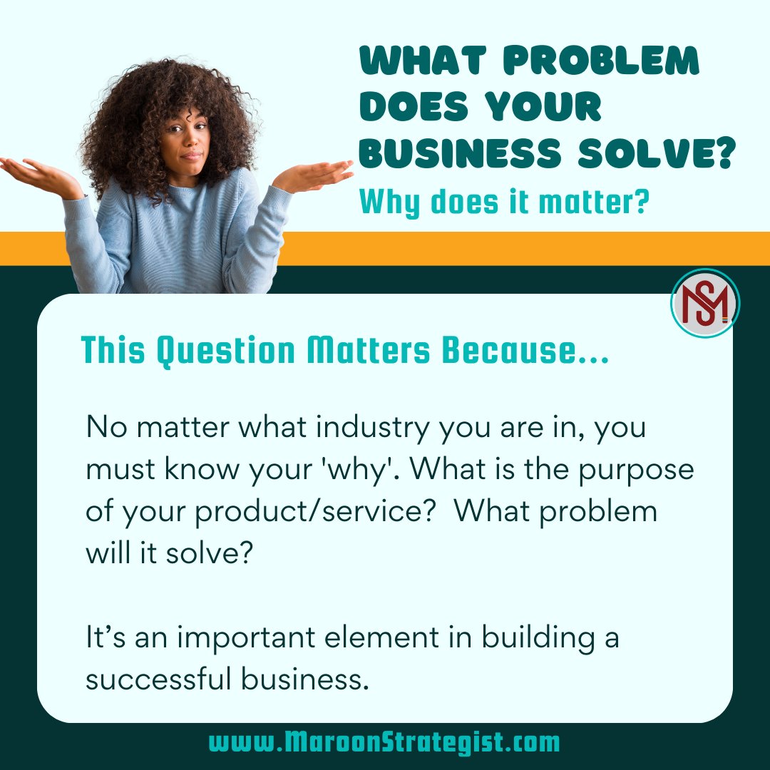 MaroonStrat's tweet photo. In every industry, your business is a solution to a problem.  What problem does your product/service solve? 

🌟 Embrace your purpose and build a business that makes a meaningful impact. 💡 #BusinessPurpose #SolvingProblems #EntrepreneurialJourney https://t.co/WtbamCowrT