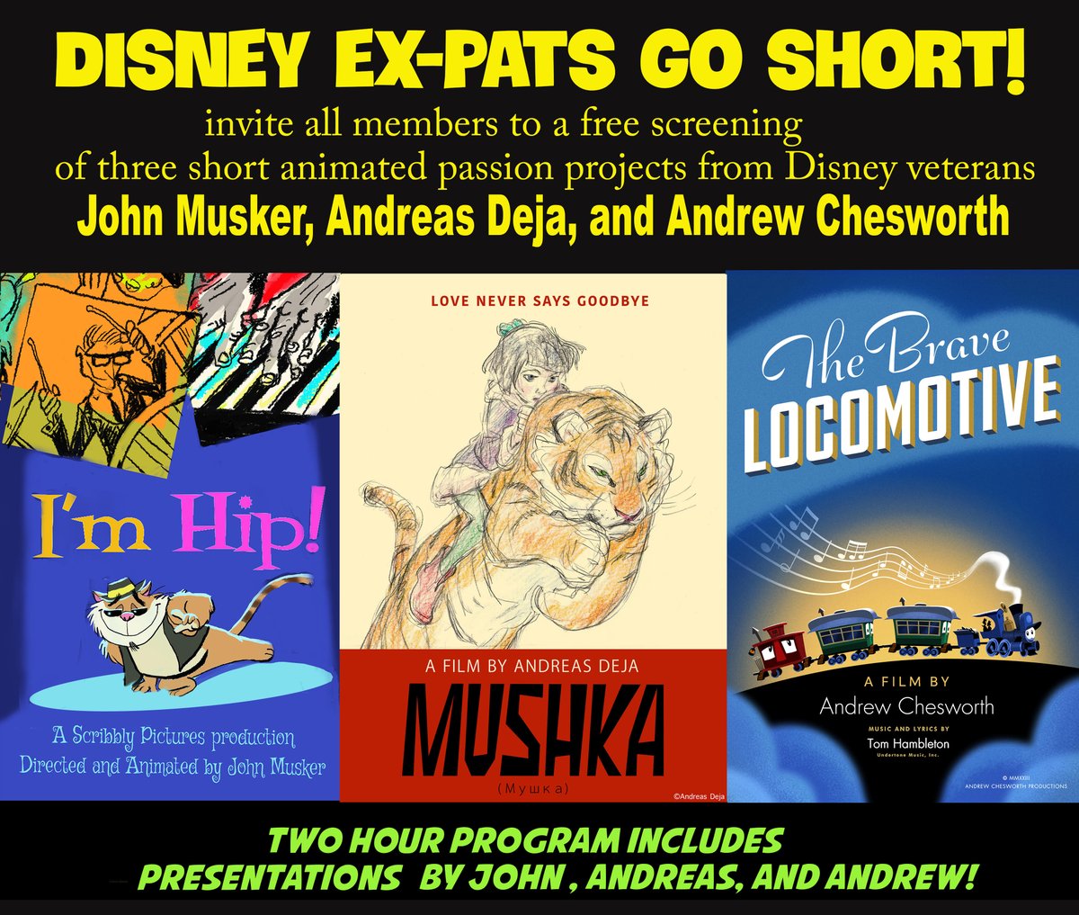 John Musker, Andreas Deja, and Andrew Chesworth Invite ASIFA-Hollywood Members to an In-Person Screening of Disney Ex-Pats Go Short! 

Members can find more info in the latest ASIFA Weekly. To become a Member and RSVP for this screening, please email info@asifa-hollywood.org.