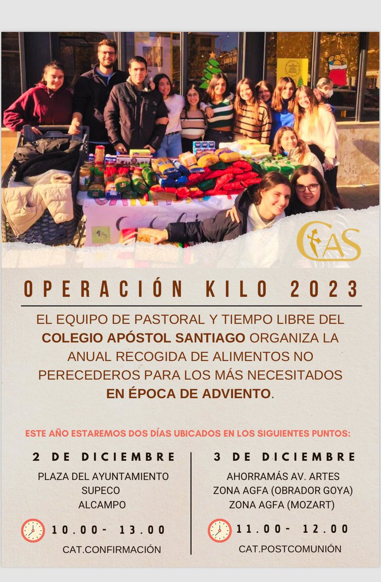 2 y 3 de diciembre. OPERACIÓN KILO.  Como todos los años, el equipo de Pastoral del Colegio Apóstol Santiago, prepara la Operación Kilo los días 2 y 3 de Diciembre. Vuestra ayuda es necesaria. ¡Os esperamos! <a href="/Ayto_Aranjuez/">Ayto. Aranjuez</a>