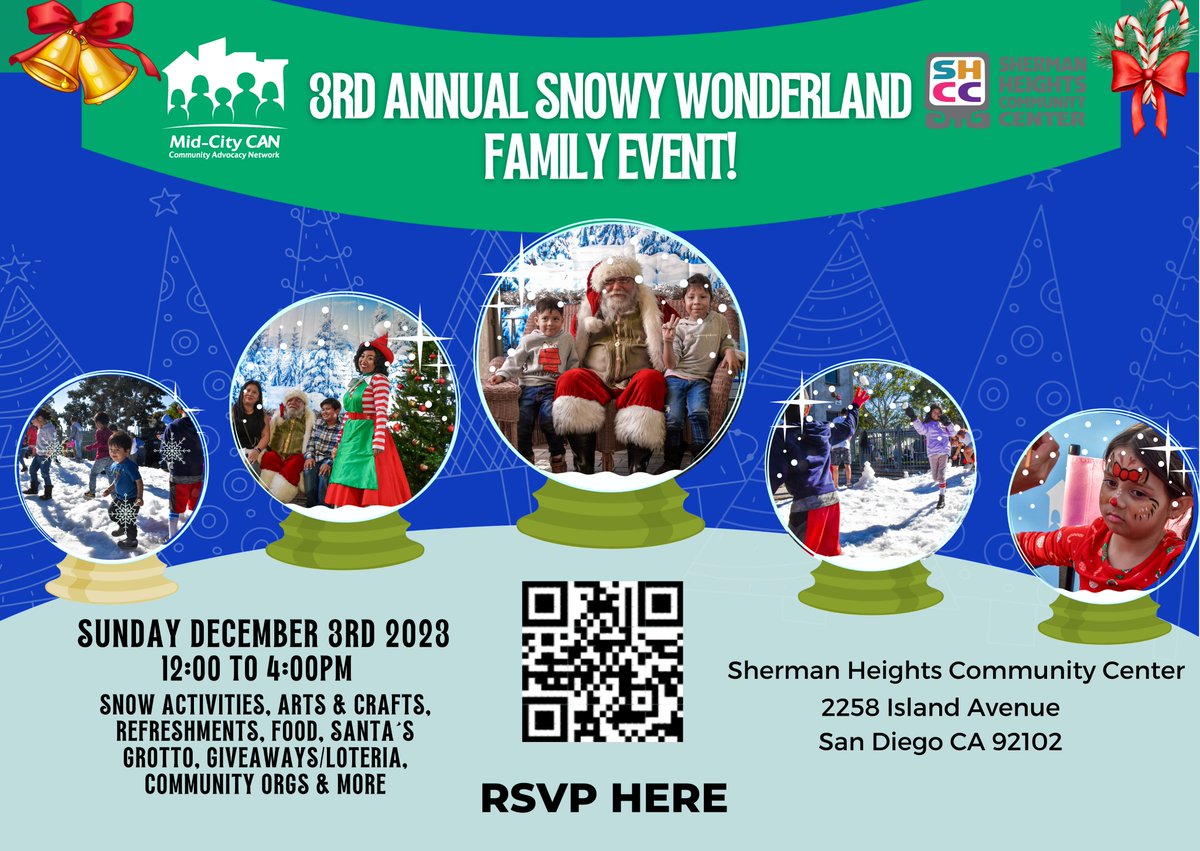 This Sunday! Please join us for our FREE 3rd Annual Snowy Wonderland Family Event in Sherman Heights from noon to 4 pm! We're bringing you over 25 tons of real snow, giveaways / prizes / loteria, several fun arts &amp; crafts activities, and more! RSVP:

midcitycan.org/snowy20231203