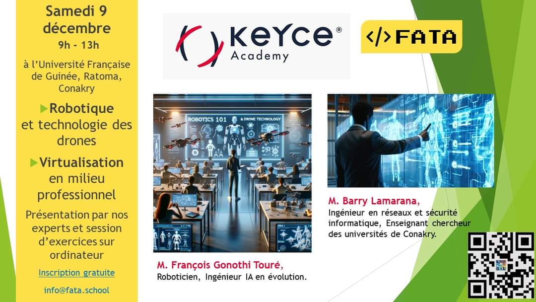 UfgConakry's tweet photo. Nous vous invitons samedi 9 décembre matin à Keyce Academy Conakry pour un atelier sur la robotique animé par Francois Gonothi Toure et une présentation sur la virtualisation en milieu professionnel. 
Inscription gratuite https://t.co/xdLrtOcLGW https://t.co/IOAXhLMHrP