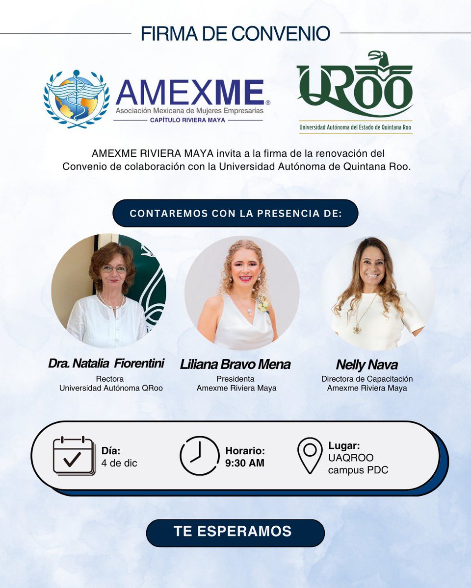 AmexmeRM's tweet photo. 🗞️Nos complace anunciar la renovación de nuestro convenio de colaboración con la Universidad Autónoma de Quintana Roo.
🗓 Fecha: 4 de diciembre
⏰ Hora: 9:30 AM
📍 Lugar: UQROO campus PDC

¡Tu presencia es valiosa para nosotros, te esperamos!

#unidasinvencibles #SoyYSomosAMEXME https://t.co/aV2TJOGIAE