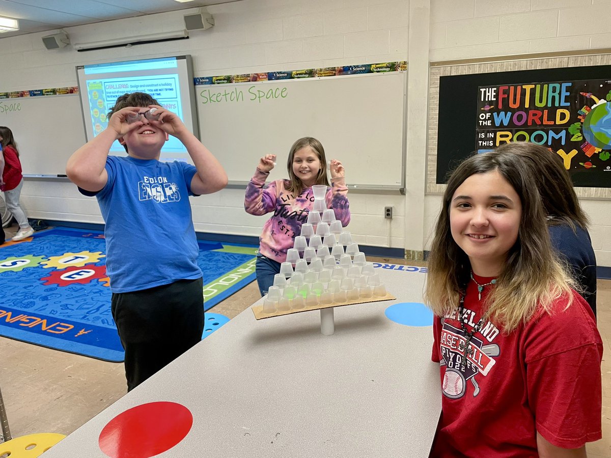 Holiday Tree Challenge:   Balance 15 cups on a cardboard roll and piece of cardboard.  Check out the team that constructed a three layer tree! 😳🎄 <a href="/WEstemLADY/">Gail Myers</a> <a href="/WESchools/">Willoughby-Eastlake City Schools</a> @edison #makerspace #STEMchallenge #kidengineers